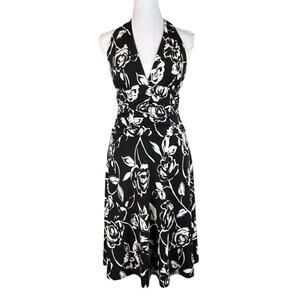 White House Black Market Halter Dress Womens Size XS Black White Floral Stretch